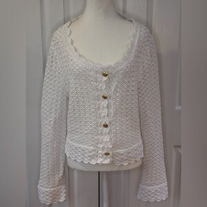J. Crew White Cotton Crochet Button Up Cropped Cardigan with Gold Buttons Size L
